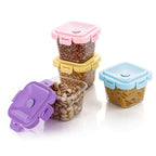 Leak-proof plastic food storage containers in vibrant colours, ideal for various snacks.