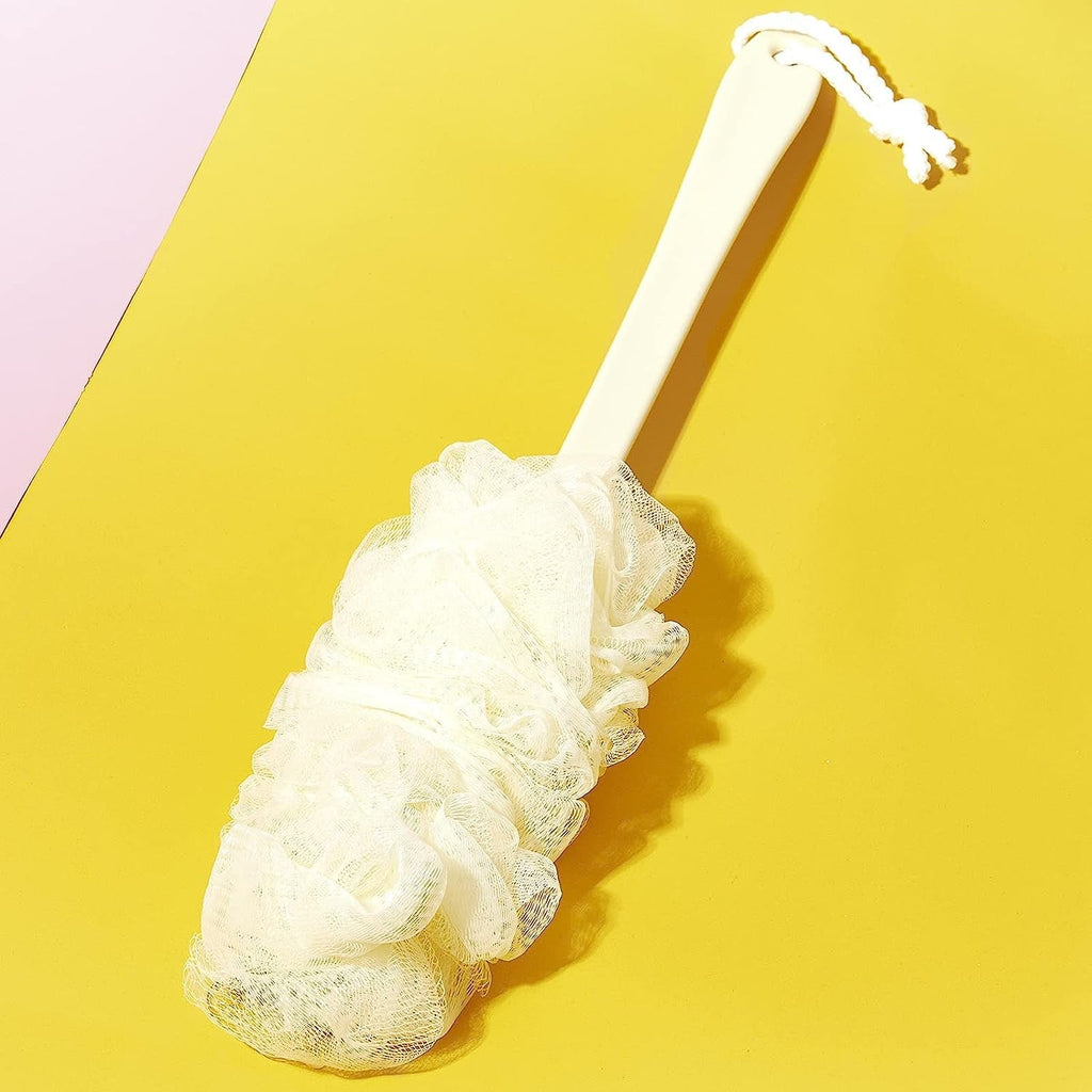 Soft nylon back scrubber in action, demonstrating its flexibility and reach.