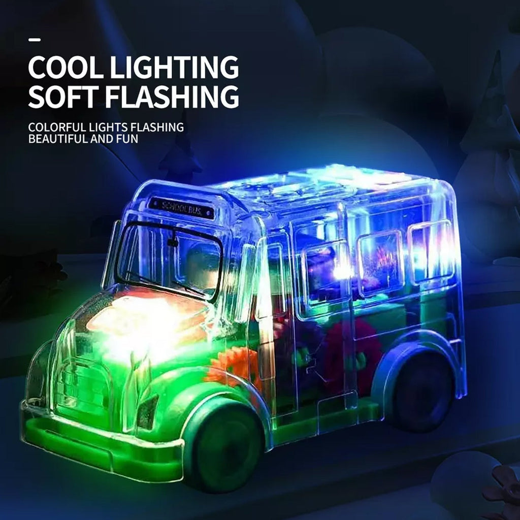 The transparent musical school bus toy illuminated with vibrant lights in action.