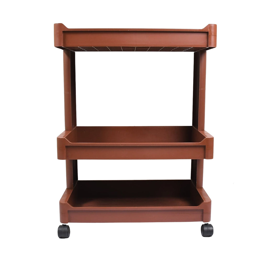 Close-up of the durable plastic shelves on the serving trolley.