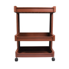 Close-up of the durable plastic shelves on the serving trolley.