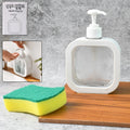 Clear plastic soap dispenser with pump mechanism, front view on white background.
