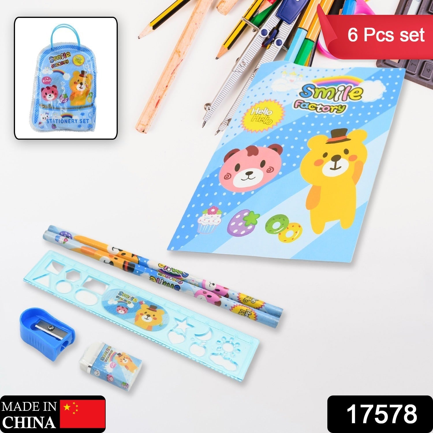Vibrant cartoon-themed Kids Stationery Kit in a convenient zip bag, perfect for young artists.