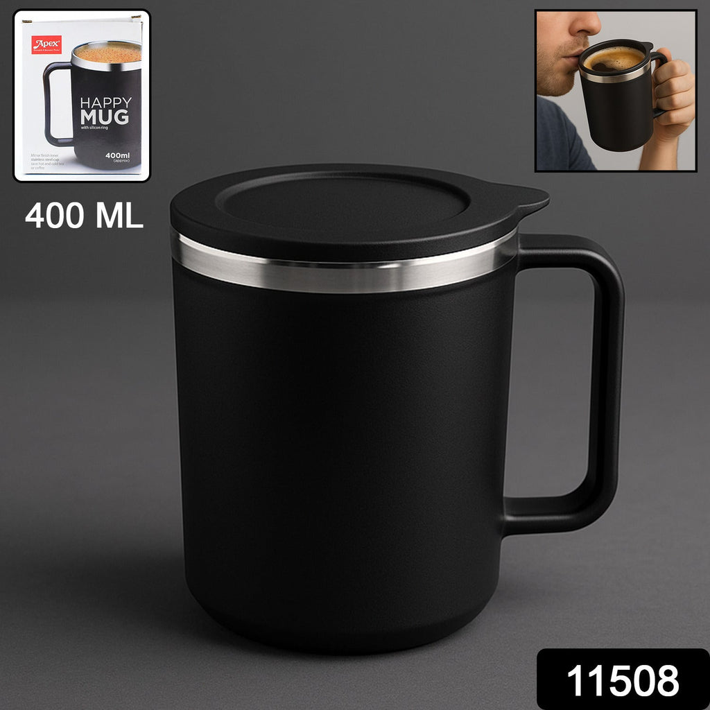 Stylish black insulated coffee mug with a double wall design, suitable for travel.