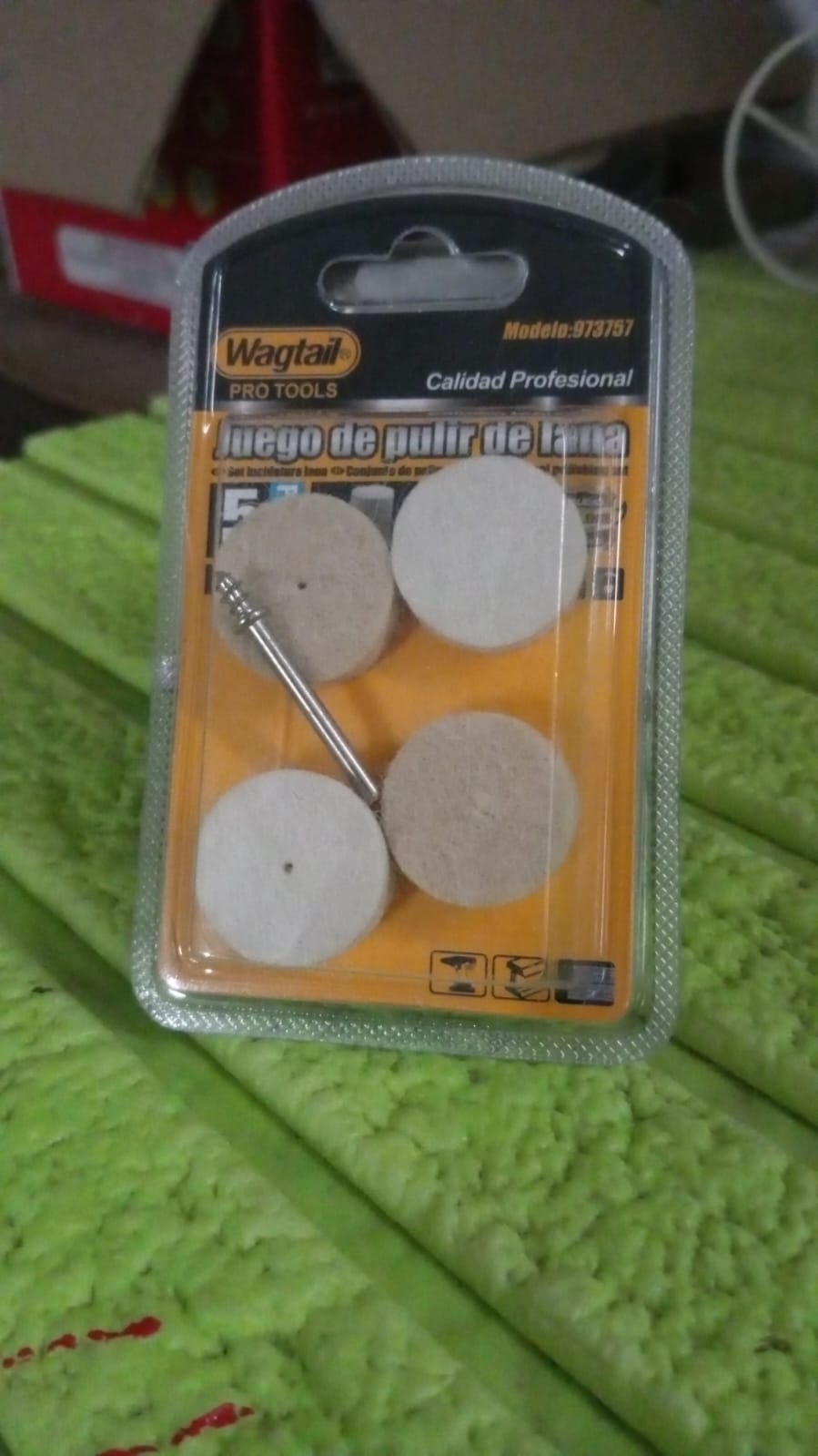 Display of Wagtail's durable wool felt polishing pads, essential rotary tool accessories.
