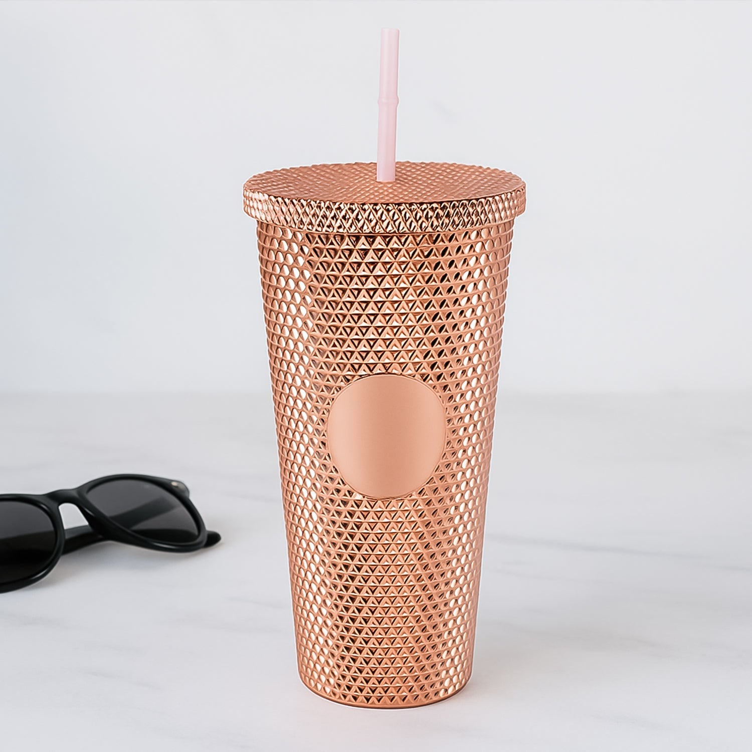Black studded tumbler cold cup with straw lid for iced coffee