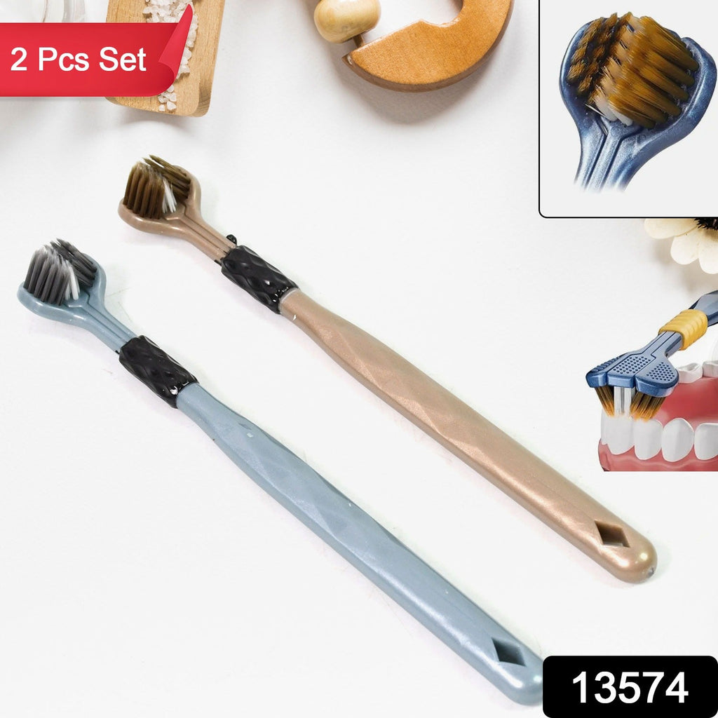 Close-up of the unique triple-head design and soft bristles of the 3-Sided Toothbrush.