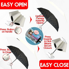 Person holding a compact UV protection umbrella outdoors, shielding from sun.