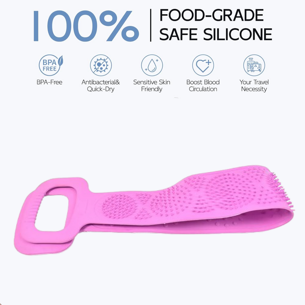 Double-sided silicone body wash belt for exfoliating skin.