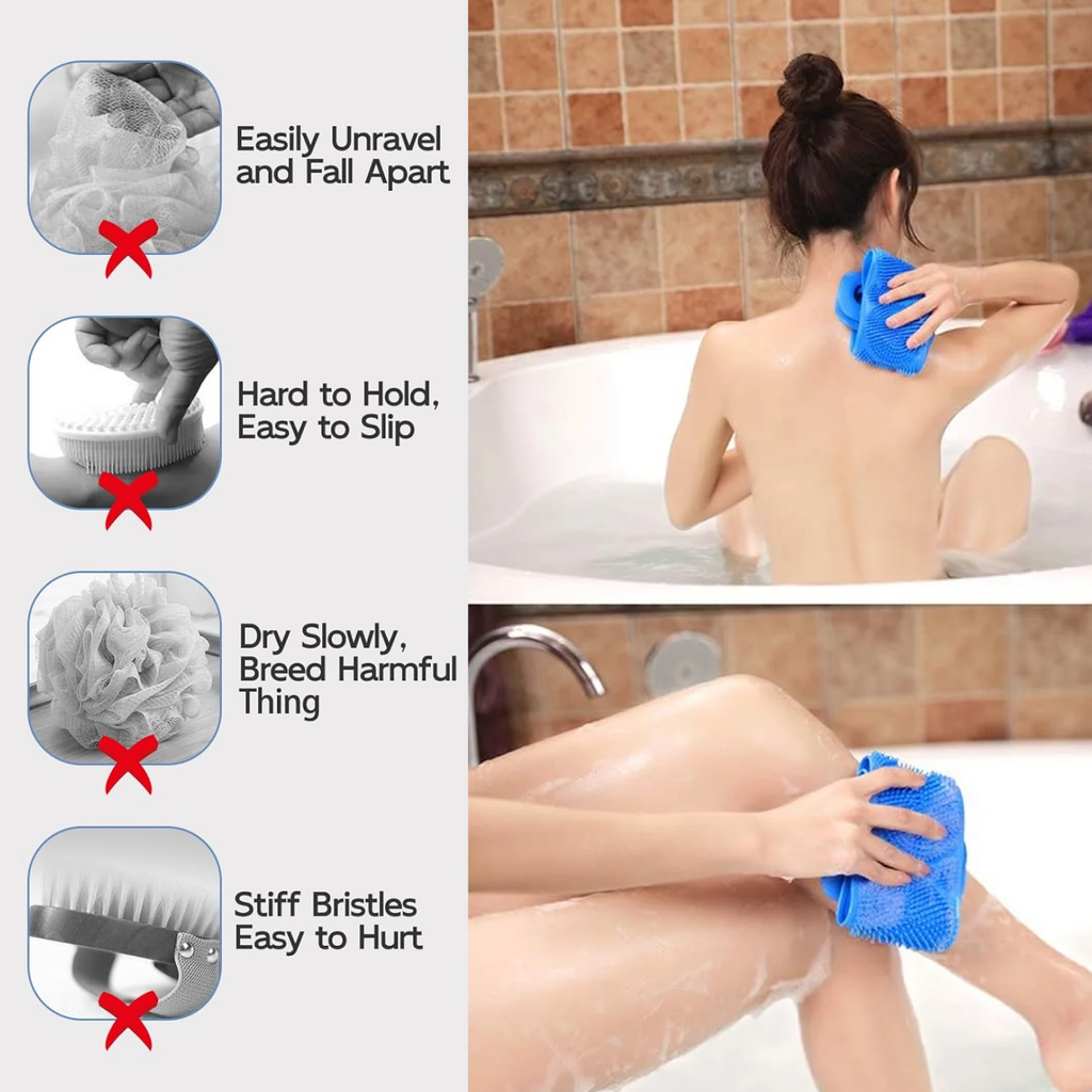 Long silicone back scrubber demonstrating its flexible length.