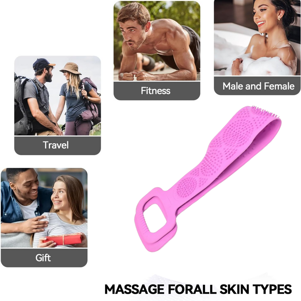 Pink silicone bath scrubber with ergonomic design for easy grip.