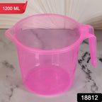 Durable transparent plastic mug with an ergonomic handle, showcasing its 1200ml capacity.