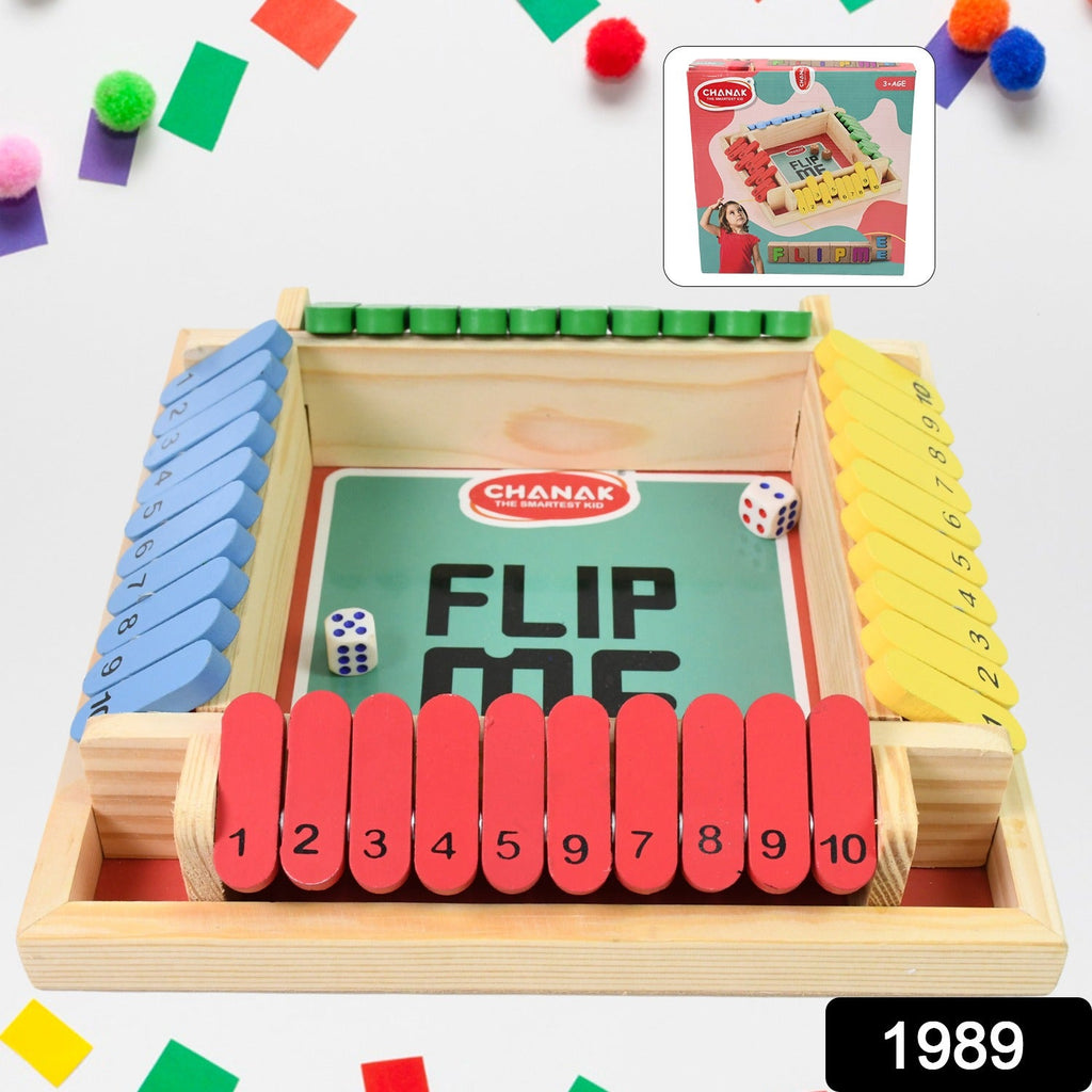 Colorful Shut The Box game pieces and dice set on a vibrant wooden board.
