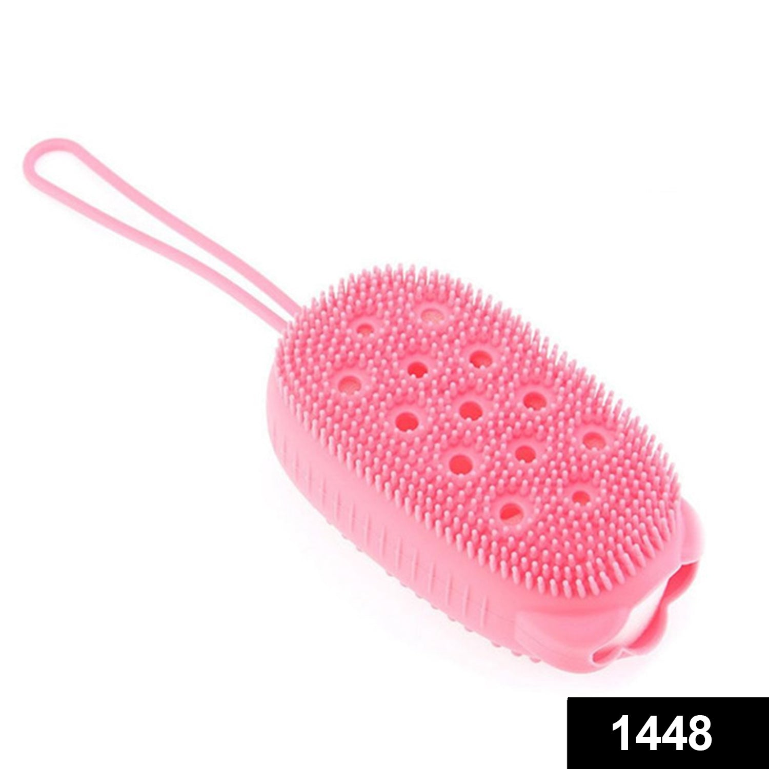 Close-up of a double-sided silicone body scrubber with ergonomic design.