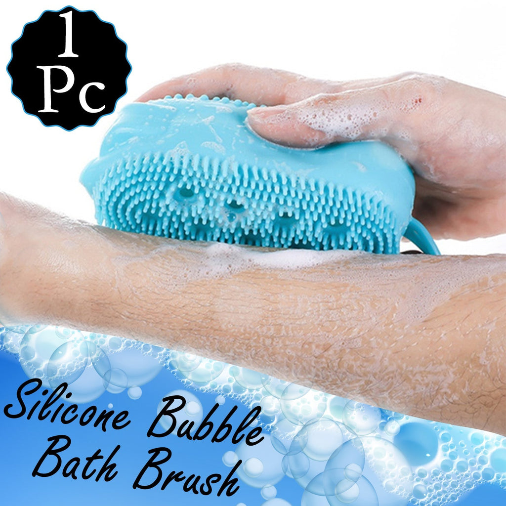 Person using a silicone body scrubber to gently cleanse skin in the shower.