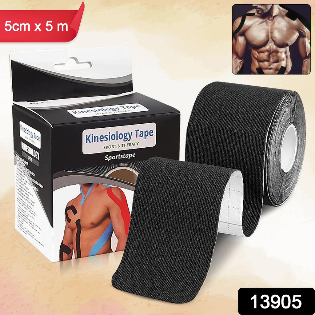 A roll of Kinesiology Tape next to athletic shoes, ready for sports injury prevention.