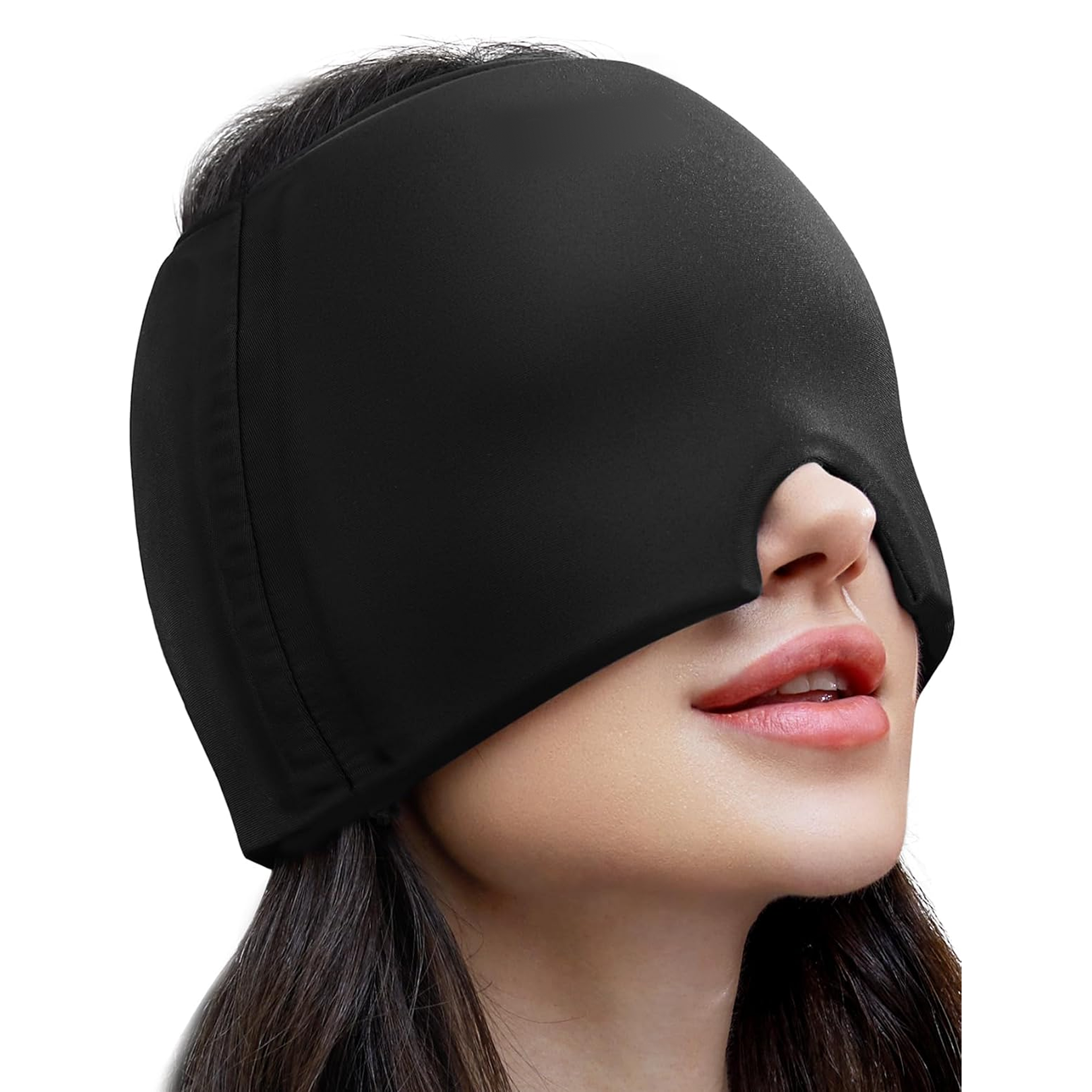 Soft, stretchable Migraine Relief Cap, a comfortable headache ice wrap.