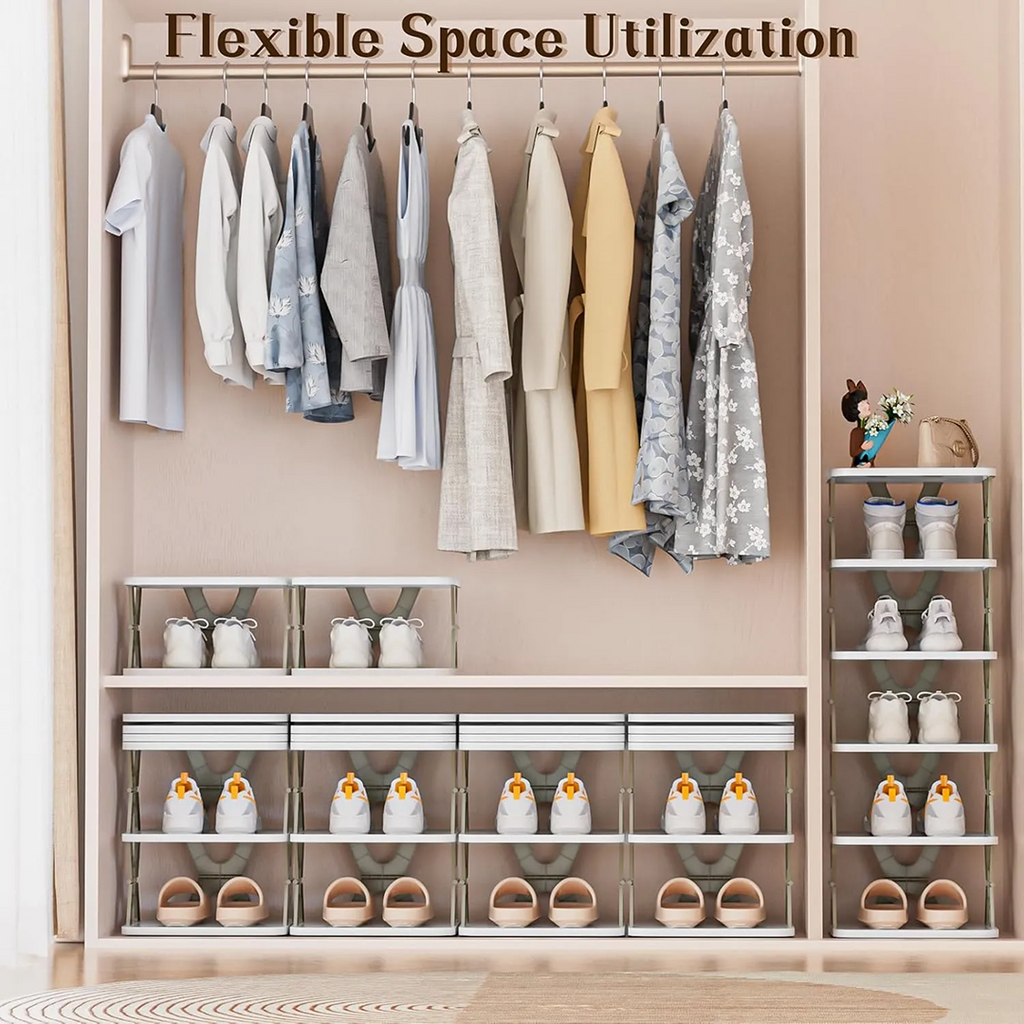 Compact foldable shoe rack, offering versatile entryway storage.