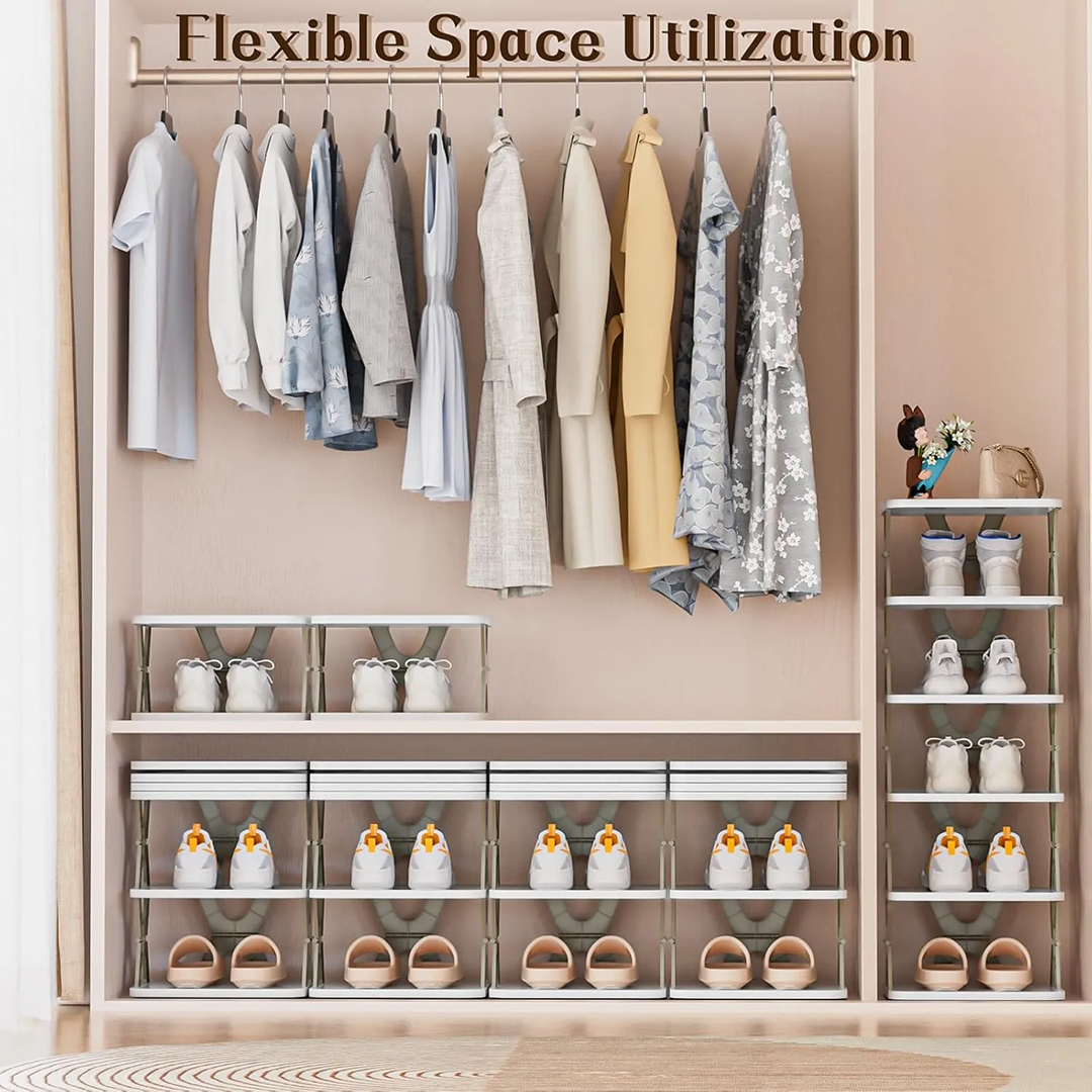 Compact foldable shoe rack, offering versatile entryway storage.