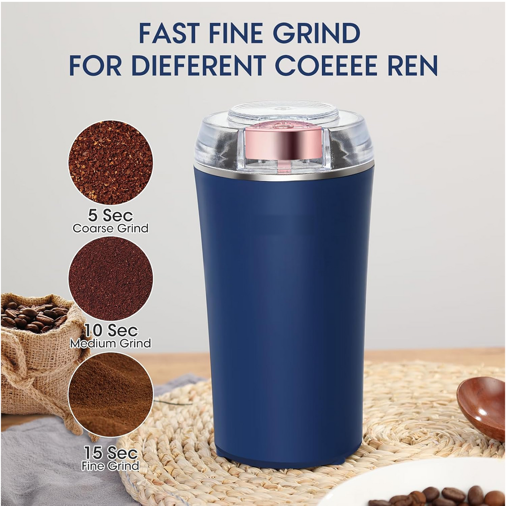 Detailed view of the 4-blade design and transparent lid of the spice grinder.