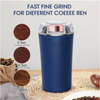 Detailed view of the 4-blade design and transparent lid of the spice grinder.