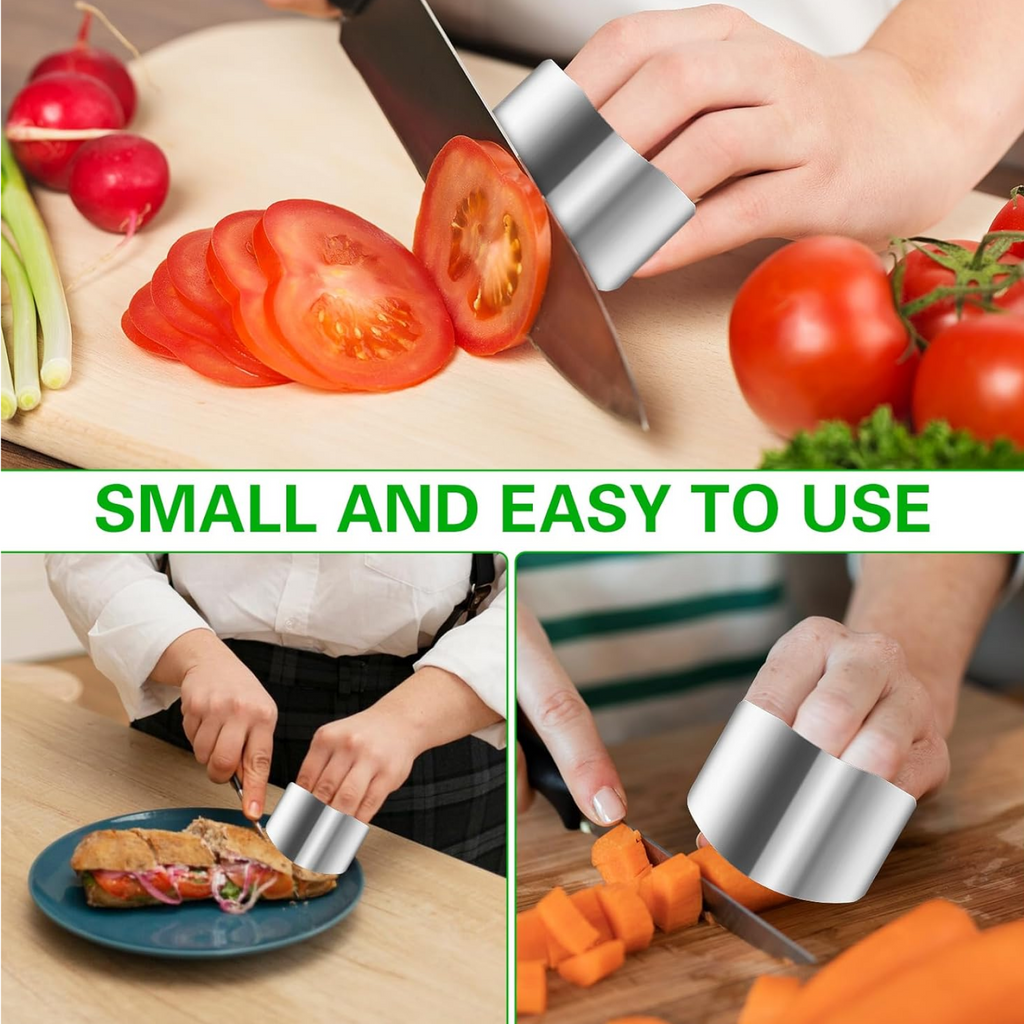 A hand using the finger guard to safely hold and slice vegetables, preventing cuts.