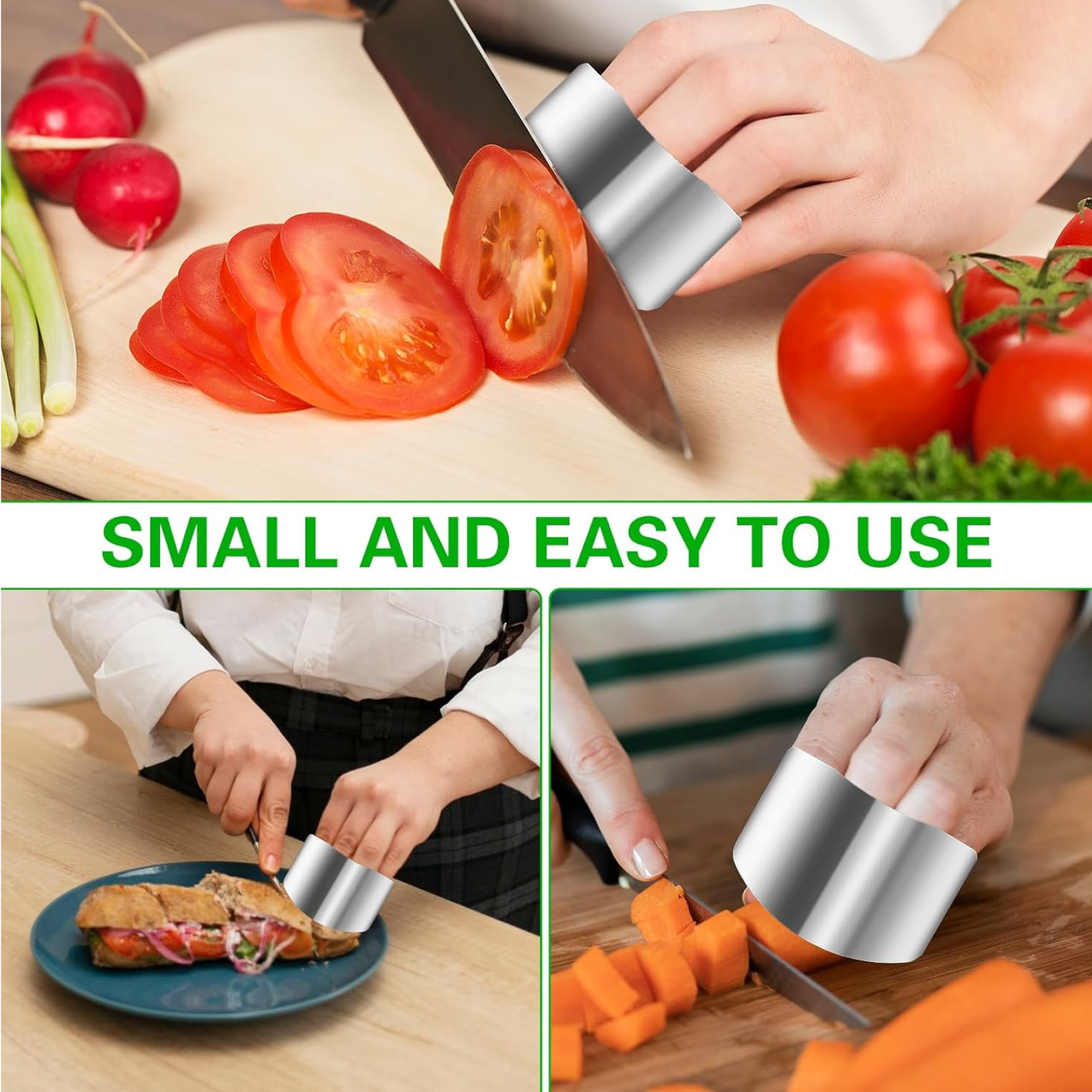A hand using the finger guard to safely hold and slice vegetables, preventing cuts.