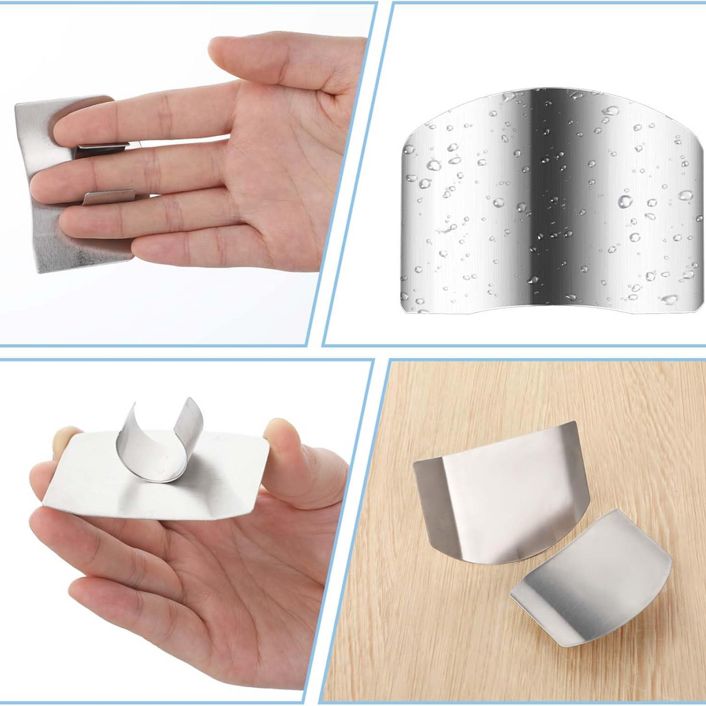 A chef's hand using the stainless steel finger guard to chop food with enhanced safety.