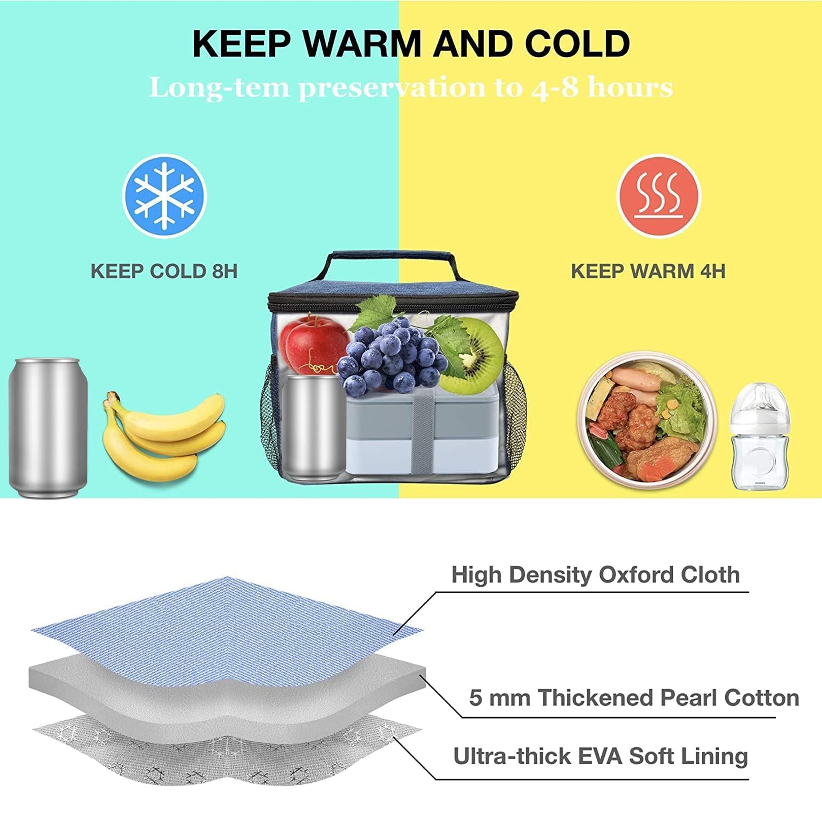 Insulated lunch bag standing upright showcasing waterproof Oxford cloth