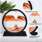 Detailed view of colorful layered quicksand creating a unique landscape scene inside the glass frame.