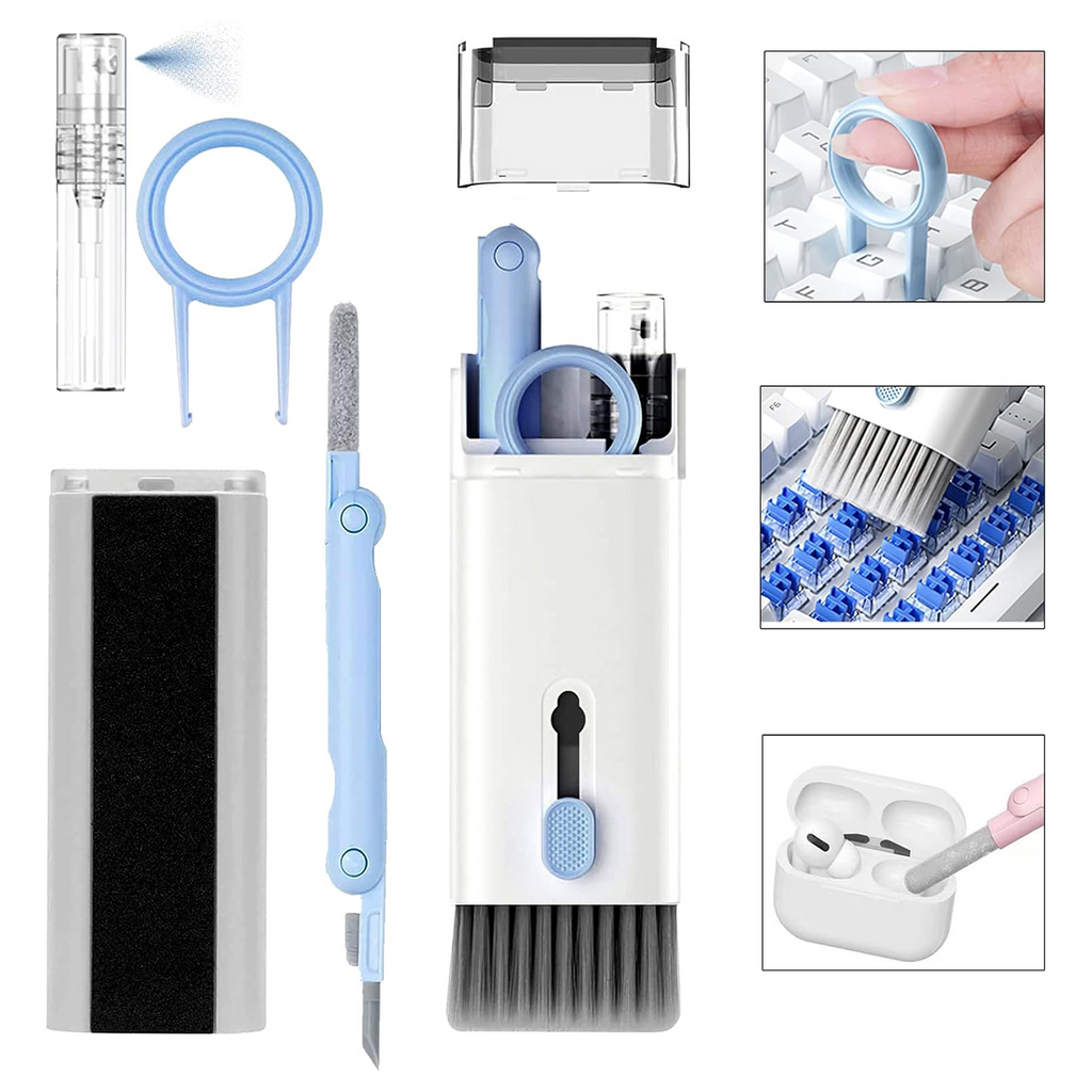 Dustiva 7-in-1 Electronic Cleaner Kit with all tools displayed neatly for gadget maintenance.