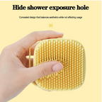 Side profile of the durable silicone bath brush with integrated shampoo reservoir.