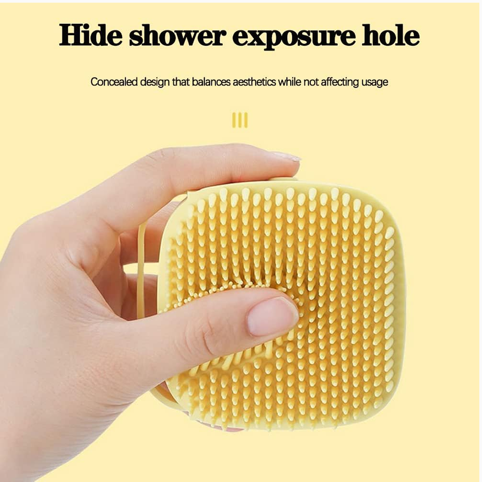 Side profile of the durable silicone bath brush with integrated shampoo reservoir.