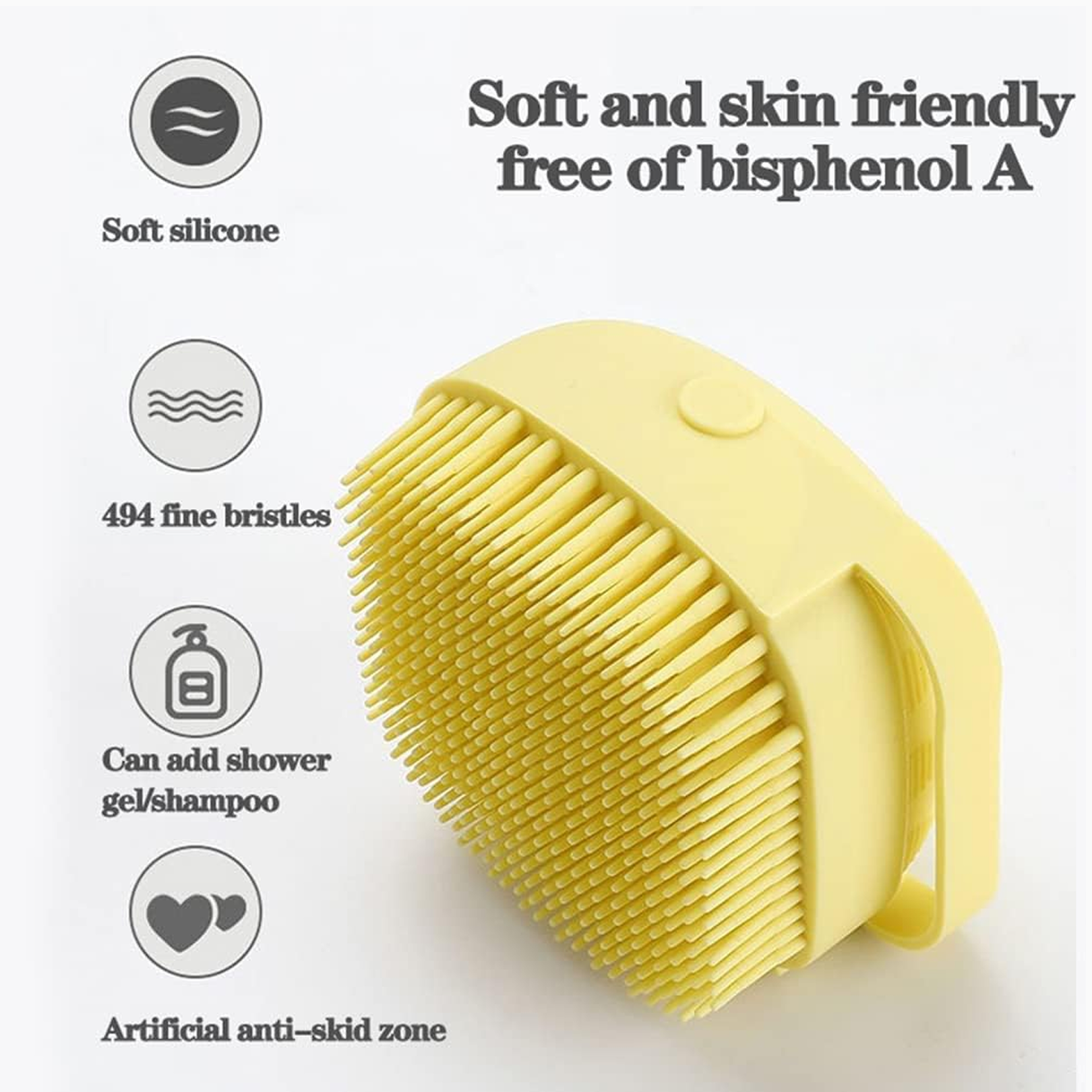 Top view highlighting the convenient push-button shampoo dispenser on the silicone bath brush.
