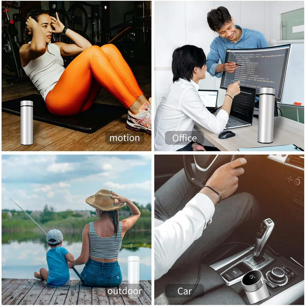 Lifestyle image showing smart water bottle with LED temperature display in use
