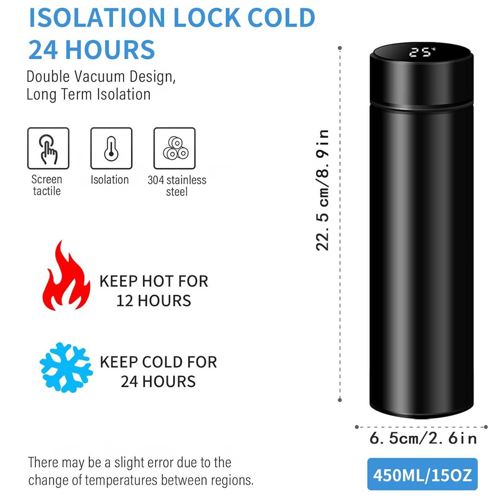 Scale image showing dimensions of the smart vacuum insulated water bottle