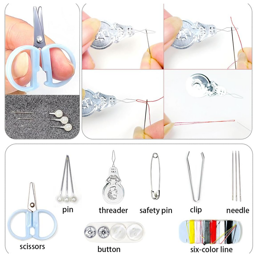 Variety of colorful threads and essential sewing tools inside the open travel kit.