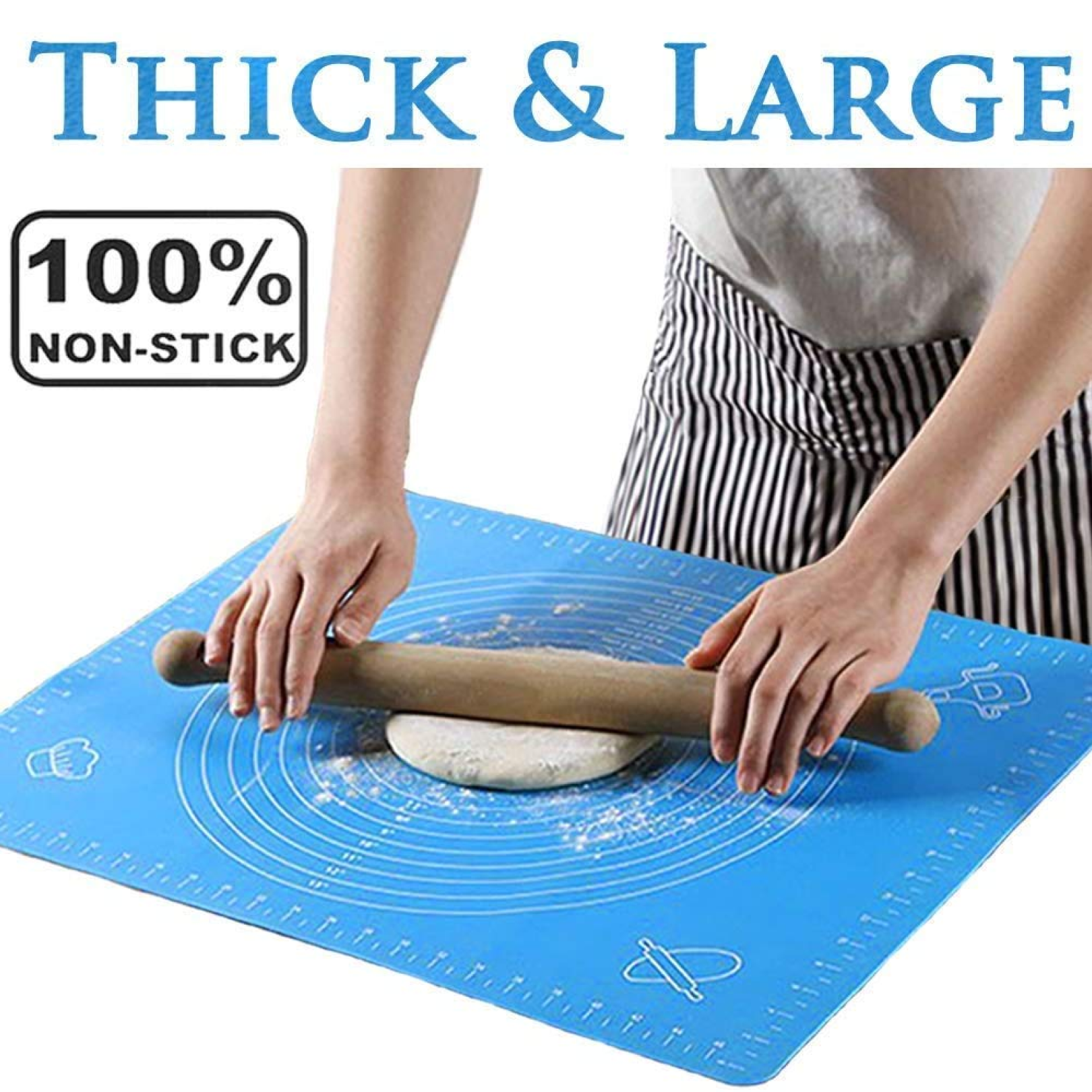 Large non-stick silicone baking mat with measurement guides on a white background.