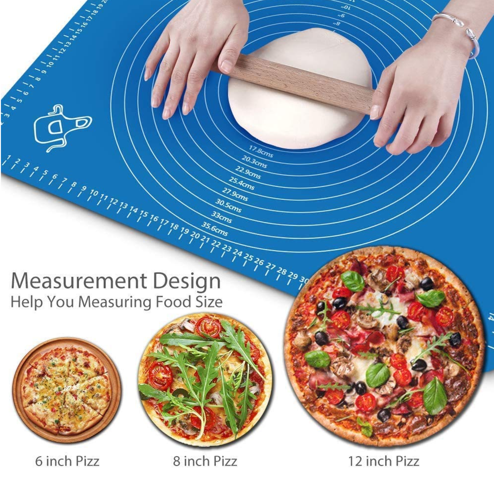 Silicone baking mat being used to roll out dough on a kitchen counter.