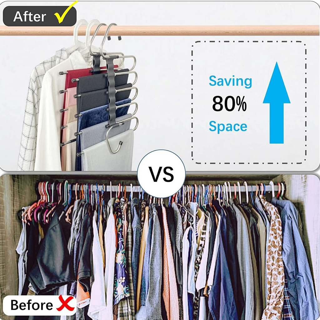 Lifestyle shot of the Organivo 5-in-1 pants rack neatly organizing trousers in a closet.