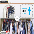 Lifestyle shot of the Organivo 5-in-1 pants rack neatly organizing trousers in a closet.