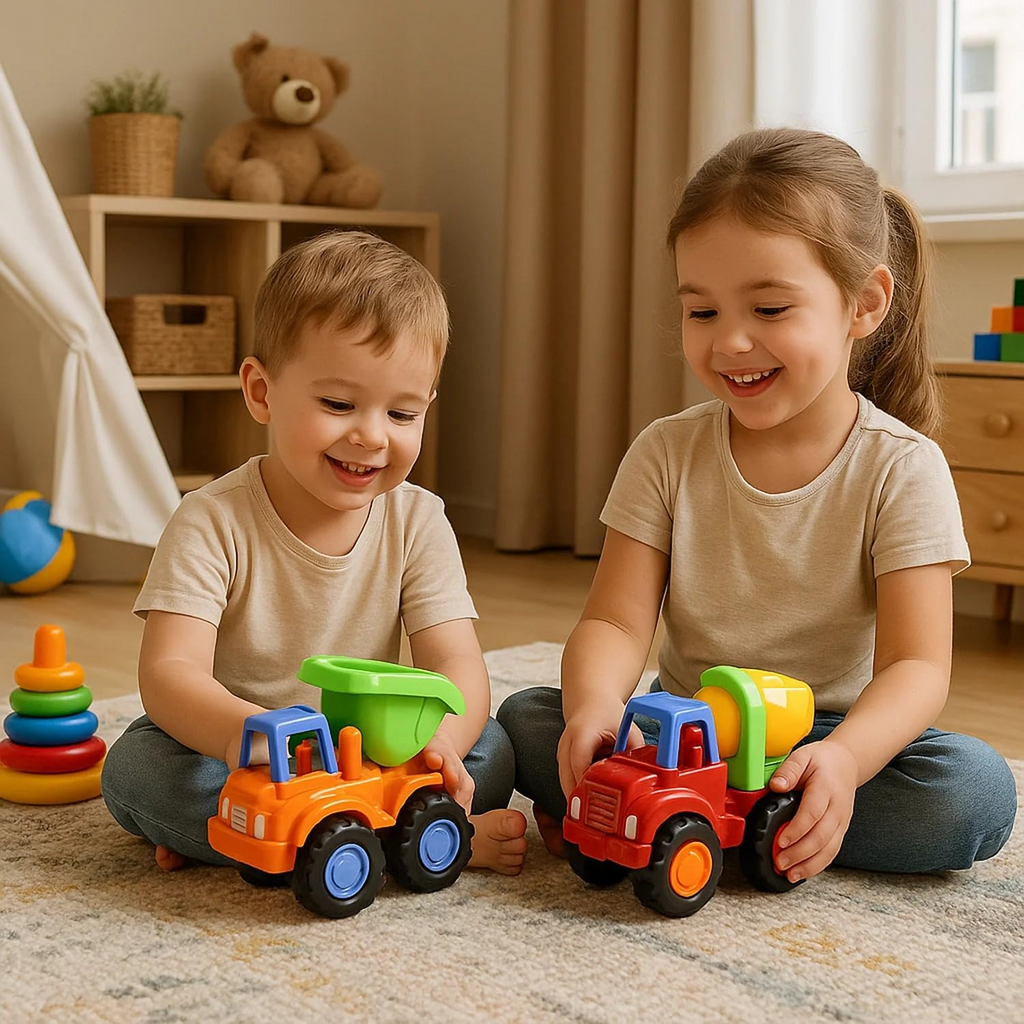 Toy dumper and cement mixer mini vehicles in construction play set
