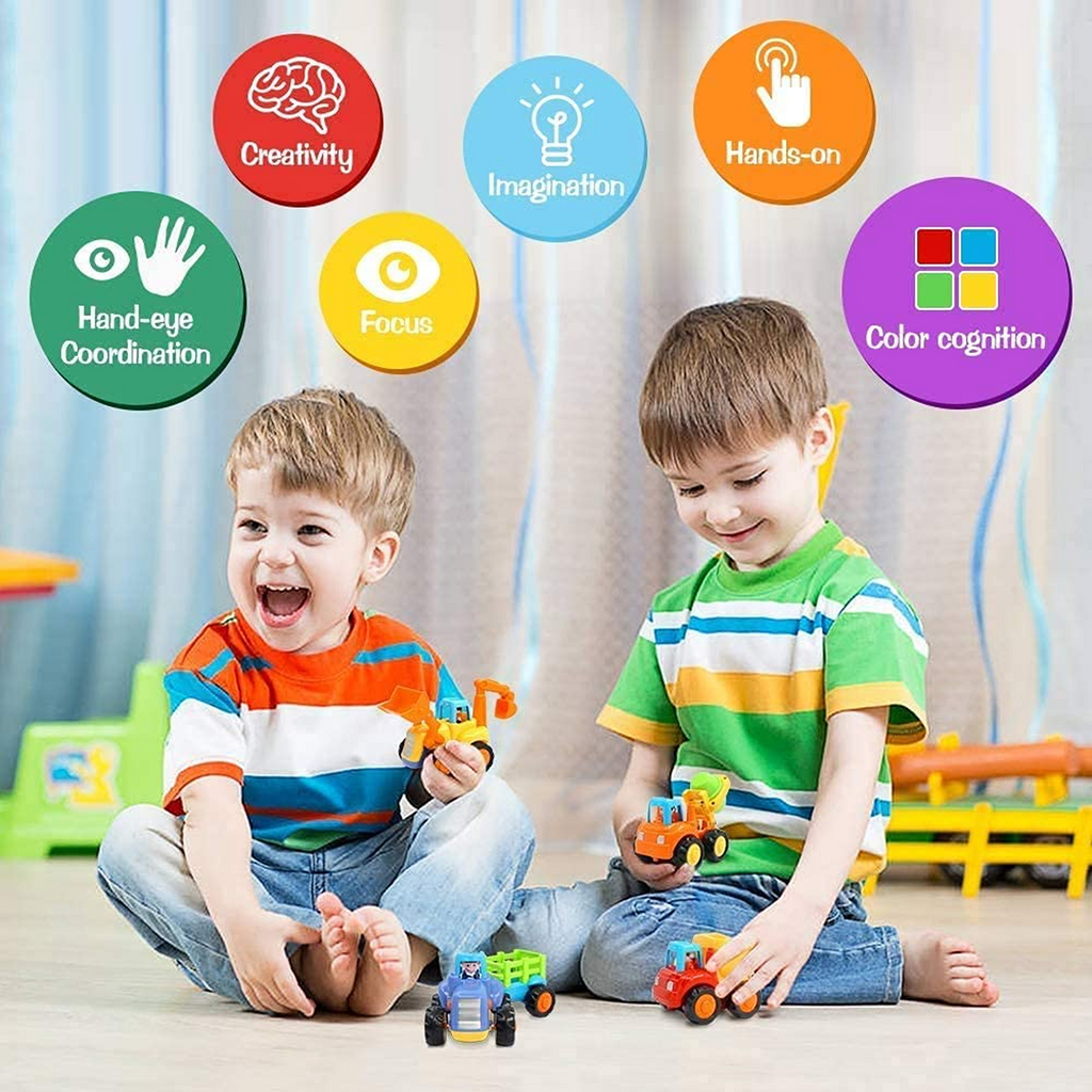 Toy tractor and loader vehicles included in kids construction vehicle toy set