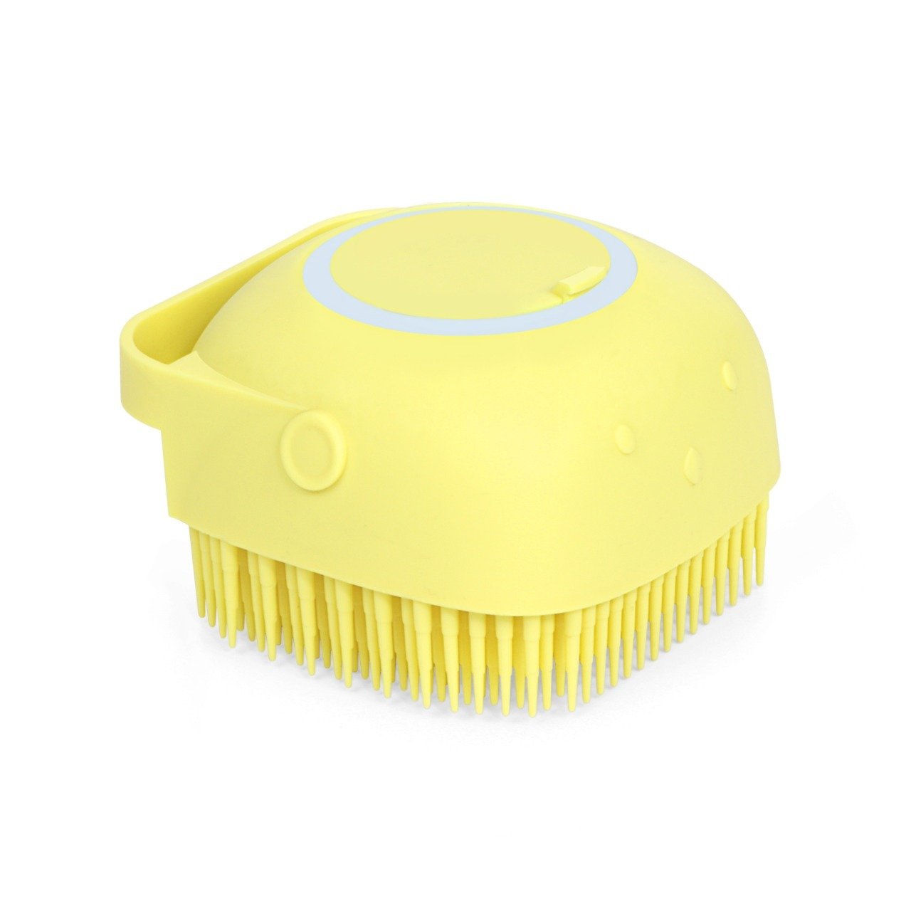 Assortment of silicone bath brushes in various colors, each with a shampoo dispenser.