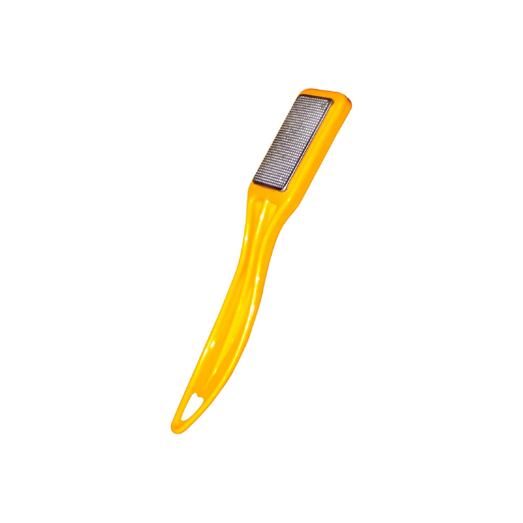 Ergonomic stainless steel foot scrubber for effective dead skin removal.