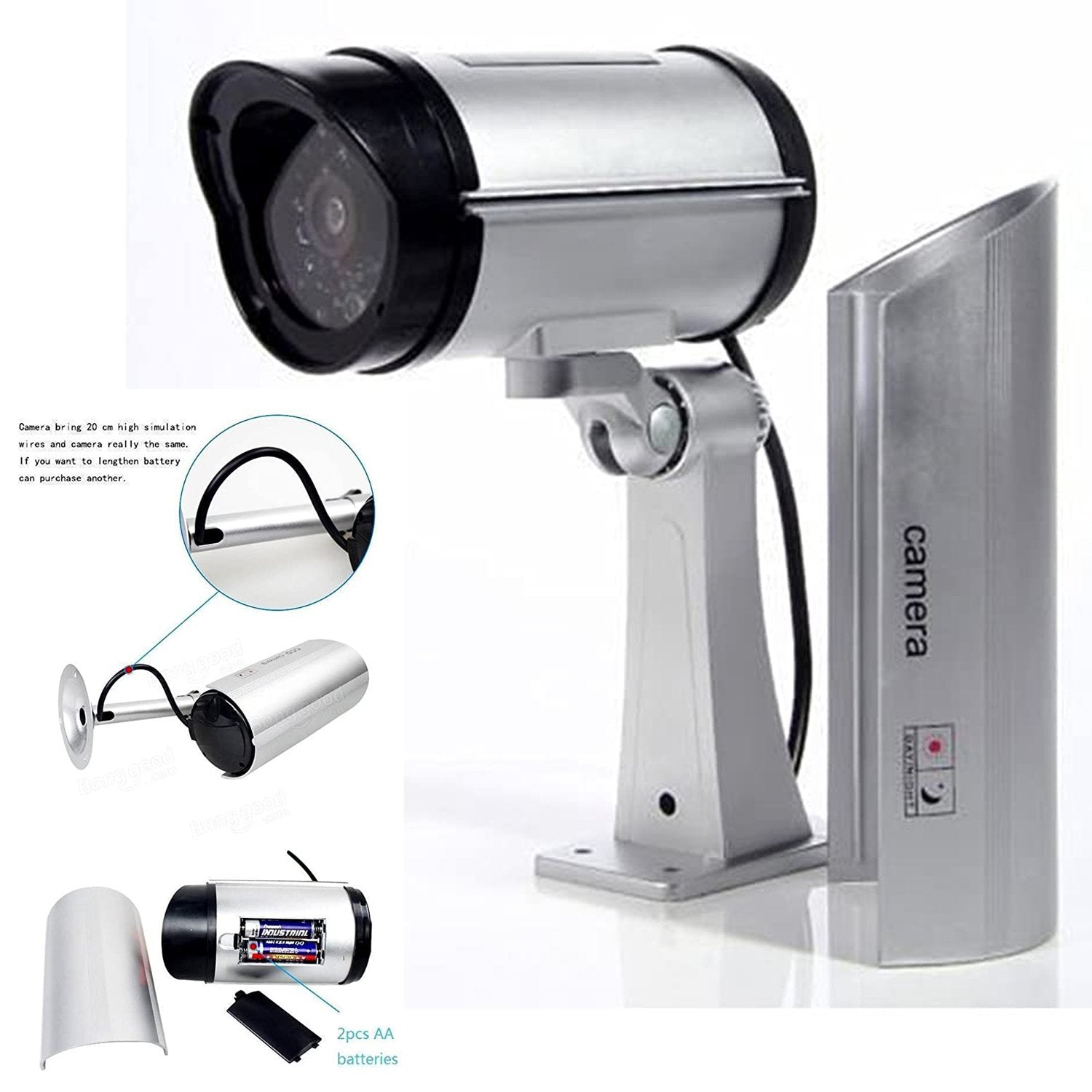 Easy-to-install dummy security camera with a visible flashing light, ideal for deterring intruders.