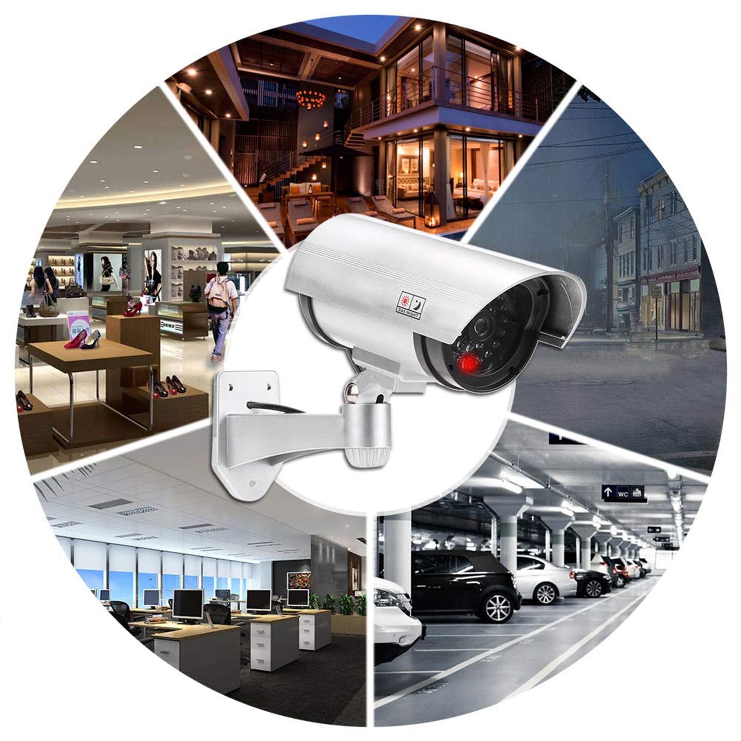 Realistic dummy security camera with a flashing red LED, mounted for outdoor home protection.