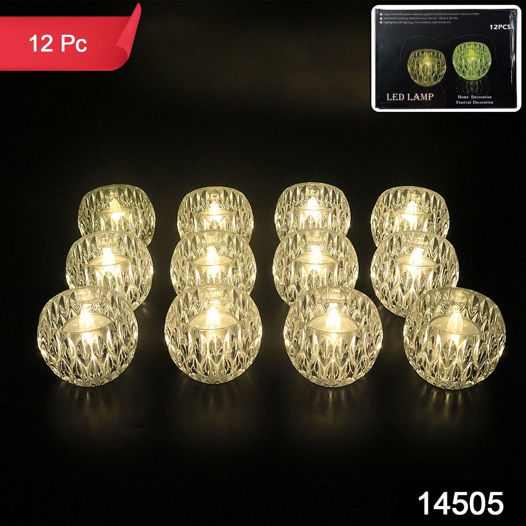 Pack of 12 crystal-effect LED tealight lamps arranged for decoration