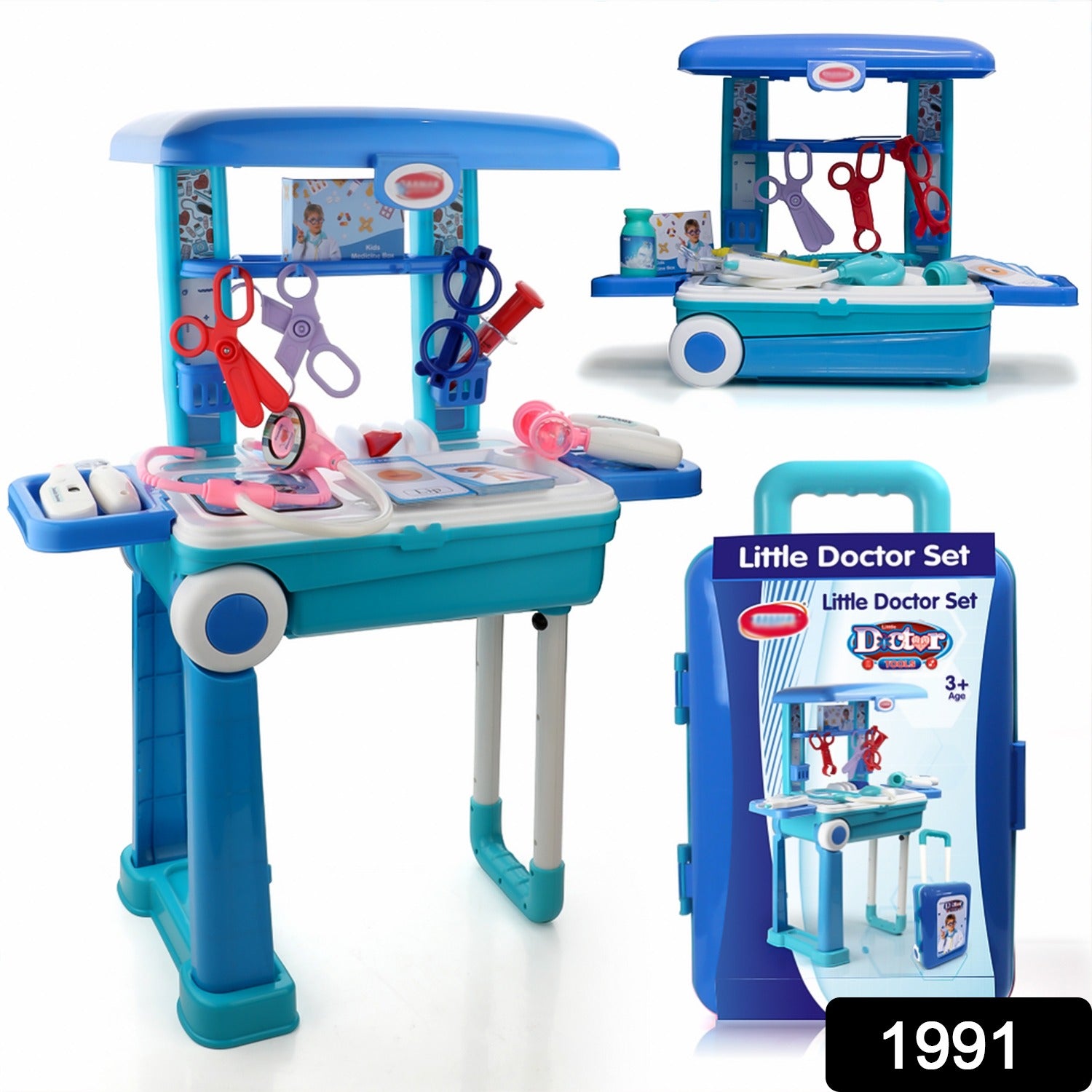 Child playing with the medical toy trolley, checking a patient's heartbeat.
