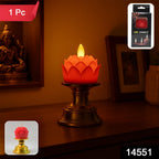 Detailed lotus LED flameless candle with elegant decorative stand for home and temple décor